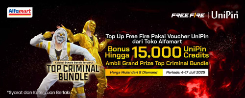 Top Up FF pakai Voucher UniPin dari Alfamart, Dapatkan Bonus Hingga 15Ribu UniPin Credits dan Koleksi Bundle Bandit Terbaru!